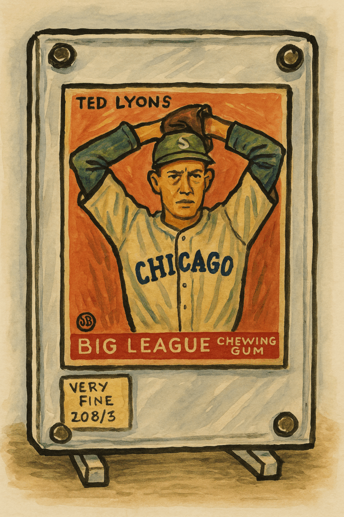 illustration of a baseball card in a case. the player is Ted Lyons for the Chicago White Sox. Card says BIG LEAGUE CHEWING GUM. VERY FINE 208/3 sticker.
