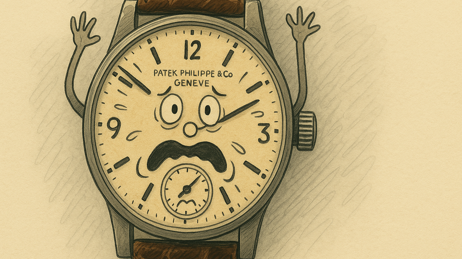 An illustrated Patek Philippe & Co. GENEVE timepiece with a deathly afraid face.