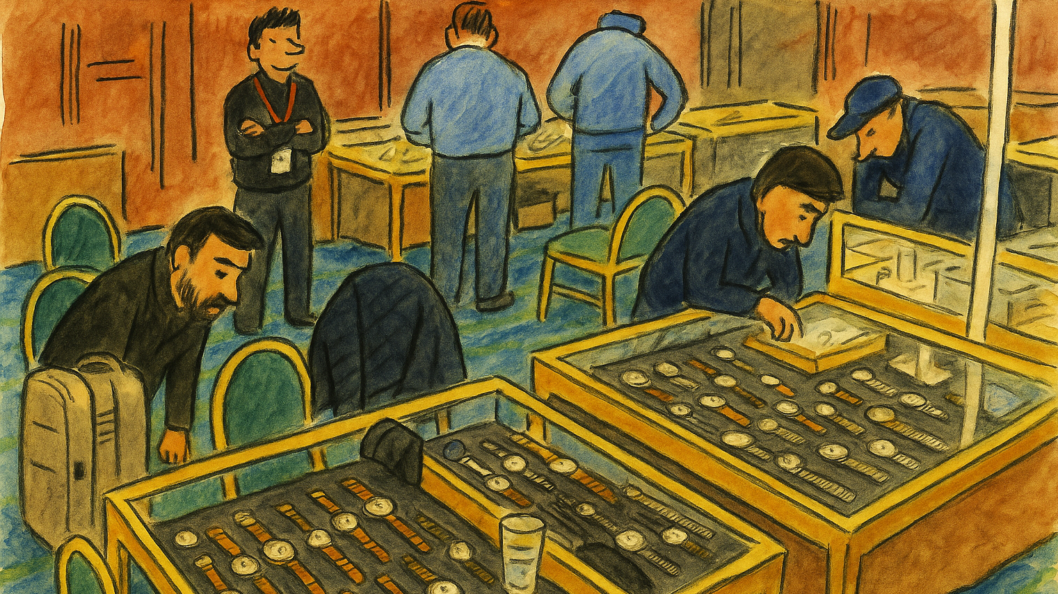 Illustration of men selling and inspecting wristwatches in cases at a tradeshow